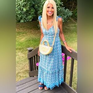 Lucky Brand Navy Teal White Geometric Ruffle Shoulder Cotton Maxi Dress XS NWT